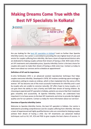 Making Dreams Come True with the Best IVF Specialists in Kolkata