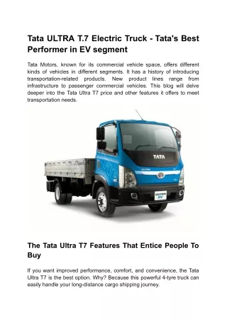Tata ULTRA T.7 Electric Truck - Tata's Best Performer in EV segment