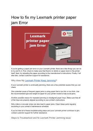 How to fix my Lexmark printer paper jam Error