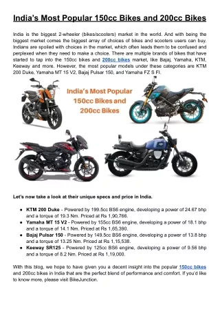 India’s Most Popular 150cc Bikes and 200cc Bikes