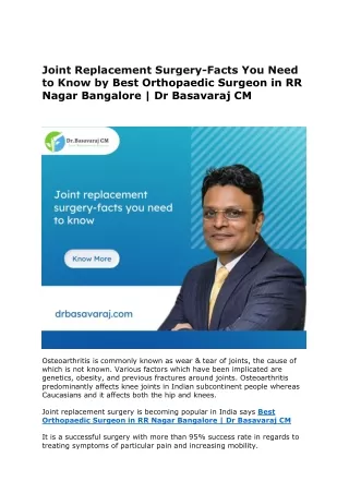Joint Replacement Surgery-Facts You Need to Know by Best Orthopaedic Surgeon in RR Nagar Bangalore Dr Basavaraj CM