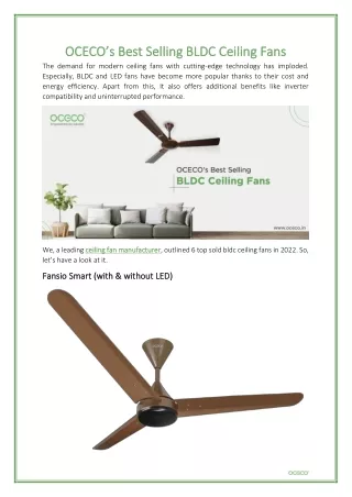 OCECO’s Best Selling BLDC Ceiling Fans