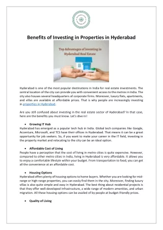Benefits of Investing in Properties in Hyderabad