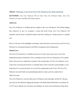 Reasons to invest in Nova city Peshawar by deal and deals