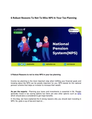 6 Robust Reasons to not to miss NPS in your tax planning.