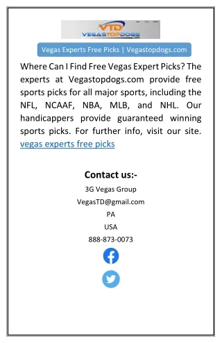 Vegas Experts Free Picks | Vegastopdogs.com