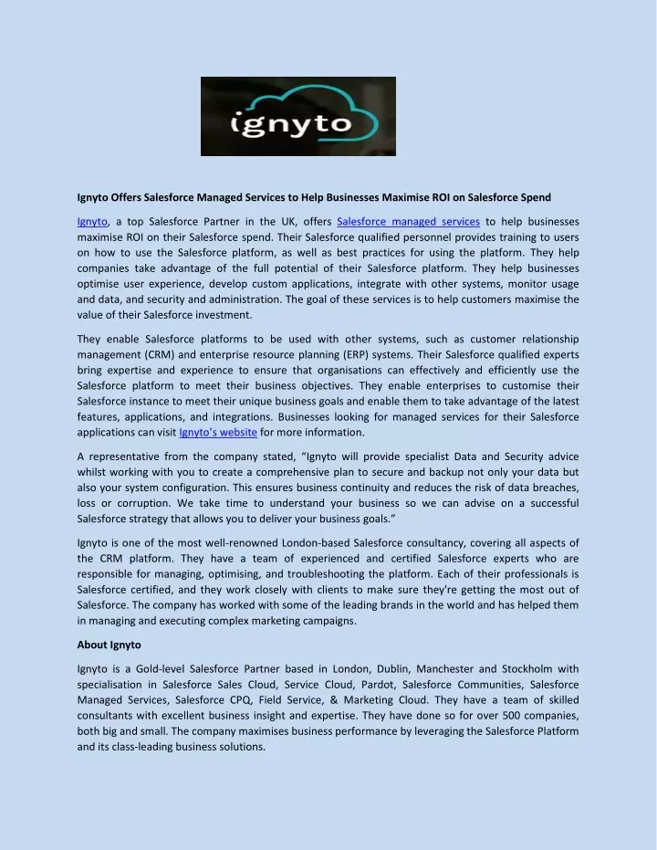 ignyto offers salesforce managed services to help