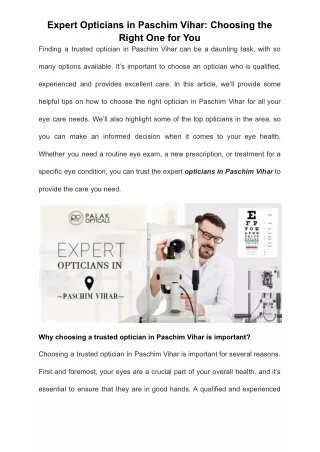 Expert Opticians in Paschim Vihar: Choosing the Right One for You