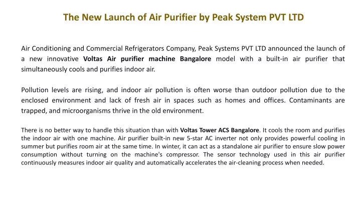 the new launch of air purifier by peak system
