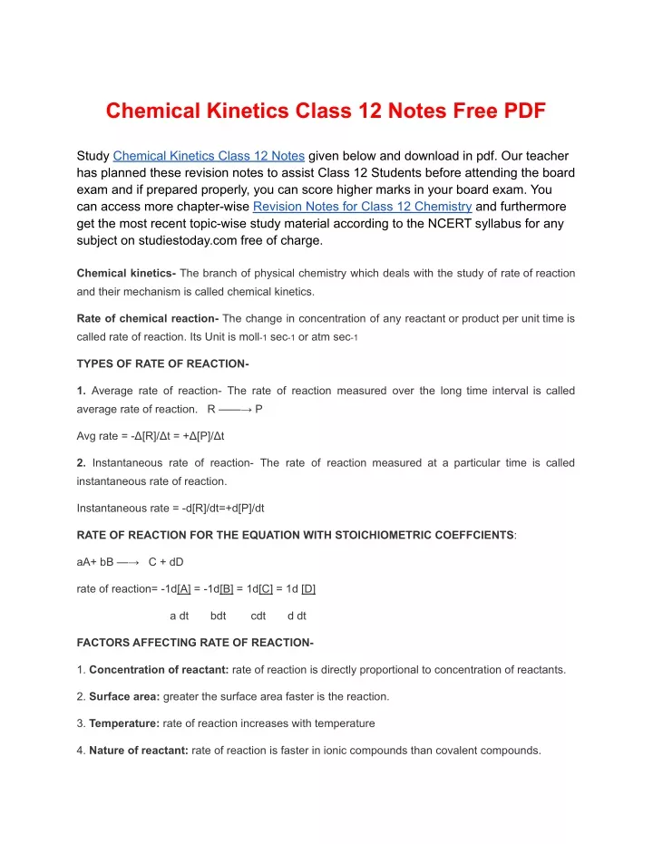 chemical kinetics class 12 notes free pdf