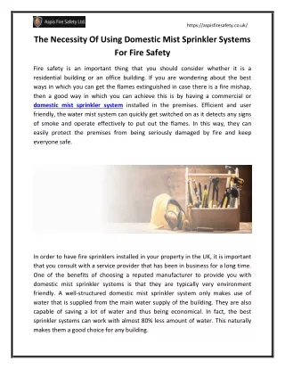 The Necessity Of Using Domestic Mist Sprinkler Systems For Fire Safety