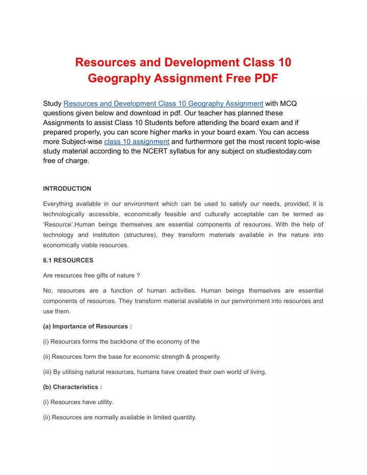 resources and development class 10 geography