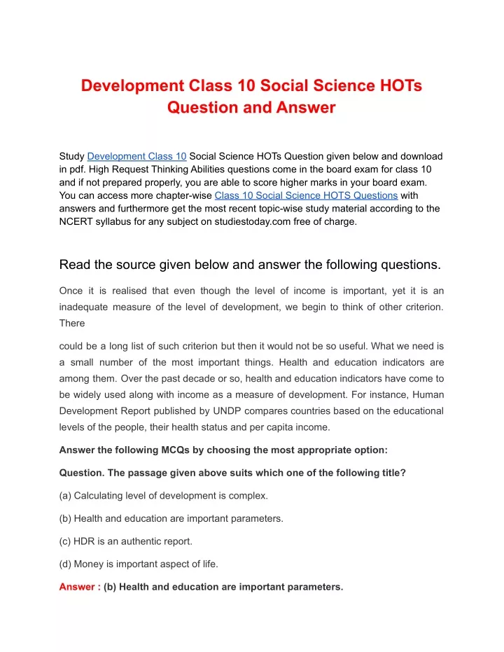 development class 10 social science hots question