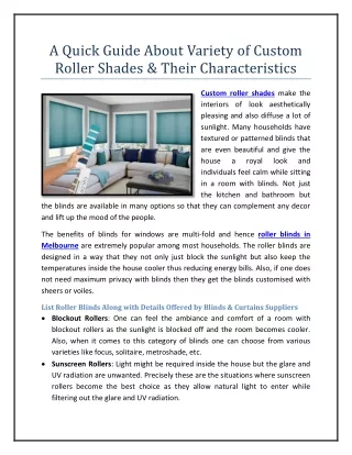 A Quick Guide About Variety of Custom Roller Shades & Their Characteristics