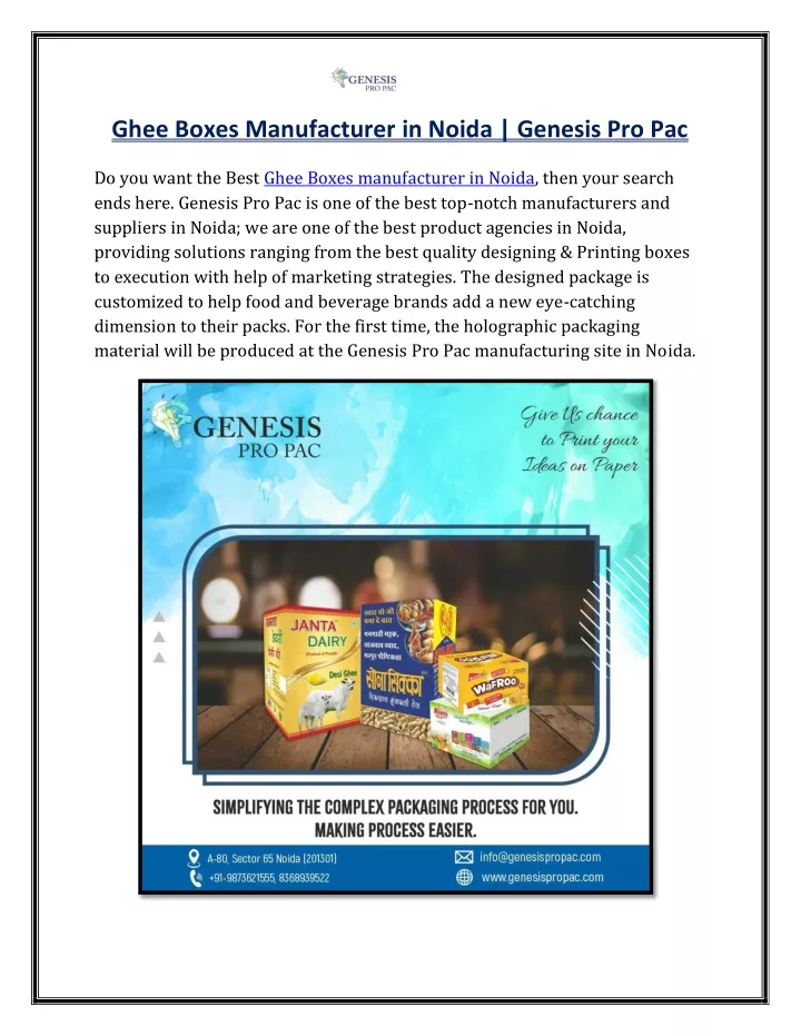 ghee boxes manufacturer in noida genesis pro pac