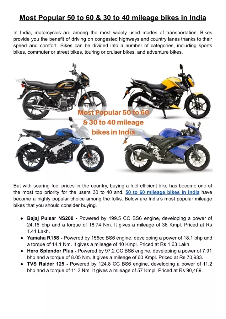most popular 50 to 60 30 to 40 mileage bikes