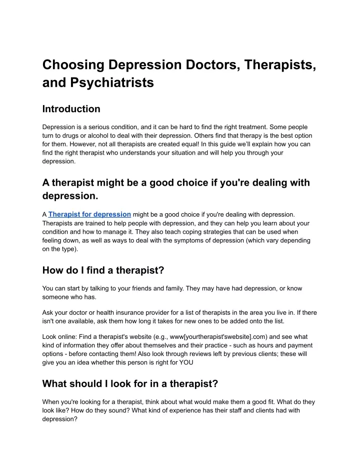 choosing depression doctors therapists