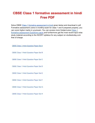 cbse class 1 formative assessment in hindi free