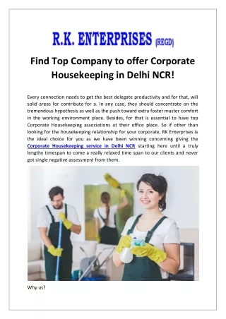 Find Top Company to offer Corporate Housekeeping in Delhi NCR