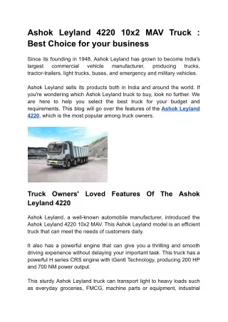 Ashok Leyland 4220 10x2 MAV Truck : Best Choice for your business