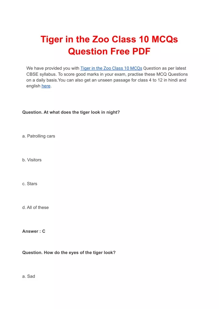 tiger in the zoo class 10 mcqs question free pdf