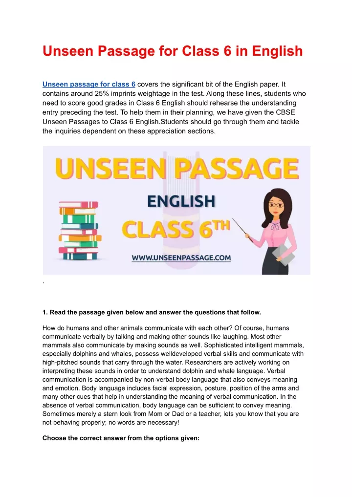unseen passage for class 6 in english