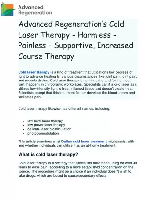 Advanced Regeneration’s Cold Laser Therapy - Harmless - Painless - Supportive, Increased Course Therapy