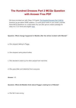 The Hundred Dresses Part 2 MCQs Question Free PDF