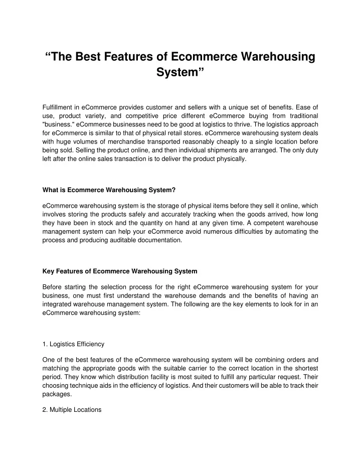 the best features of ecommerce warehousing system