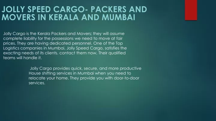 jolly speed cargo packers and movers in kerala and mumbai