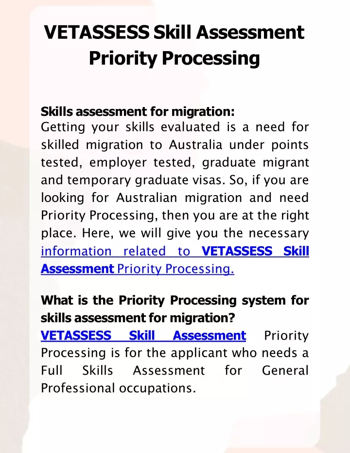 v e t a ss e s s s k i l l a ss e ss m e n t priority processing