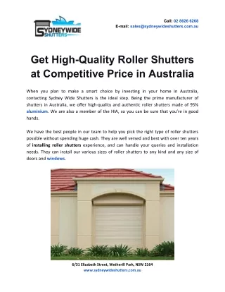 Get High-Quality Roller Shutters at Competitive Prices in Australia