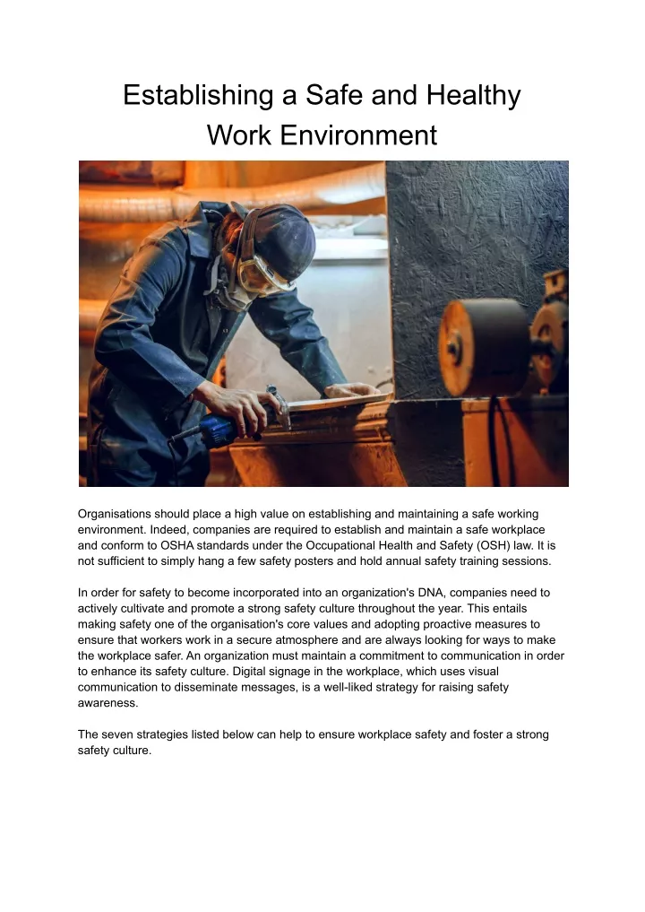establishing a safe and healthy work environment