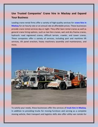 Use Trusted Companies’ Crane hire in Mackay and Expand Your Business