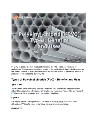 Polyvinyl chloride (PVC) – Types, Benefits and Uses - Petromart