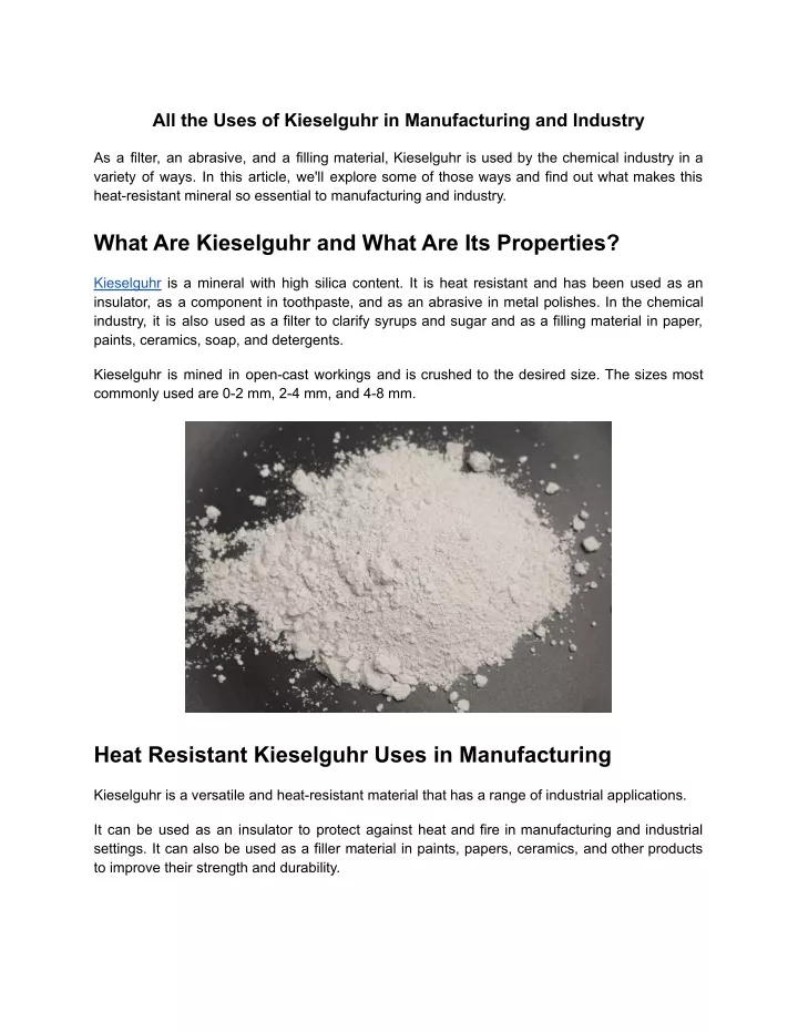 all the uses of kieselguhr in manufacturing