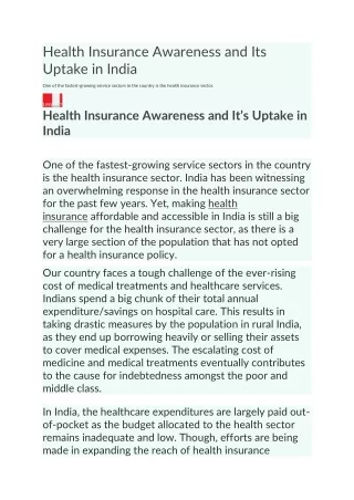 Health Insurance Awareness and Its Uptake in India