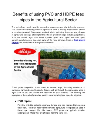 Benefits of using PVC and HDPE feed pipes in the Agricultural Sector