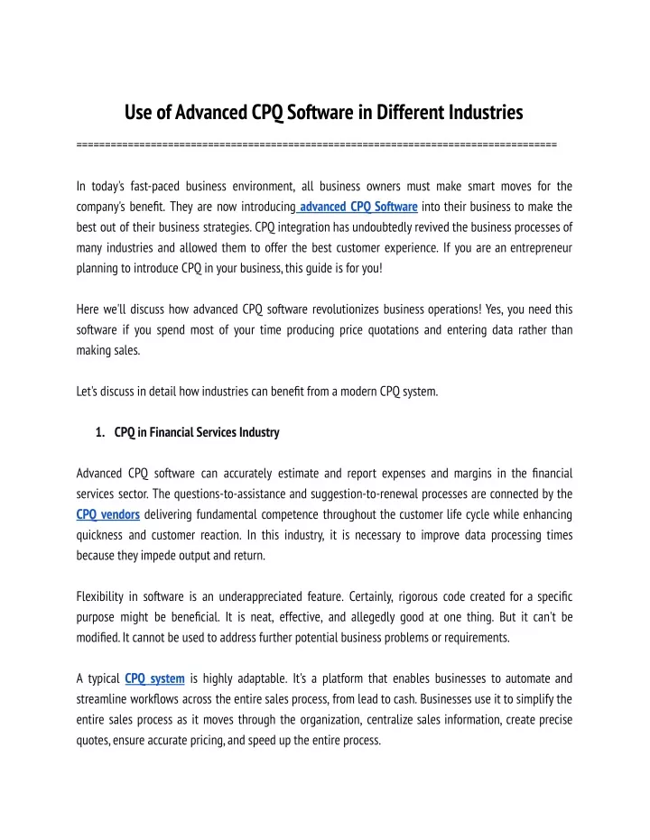 use of advanced cpq software in different