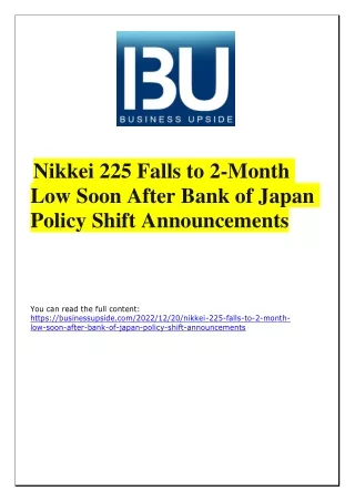 Nikkei 225 Falls to 2-Month Low Soon After Bank of Japan Policy Shift Announcements
