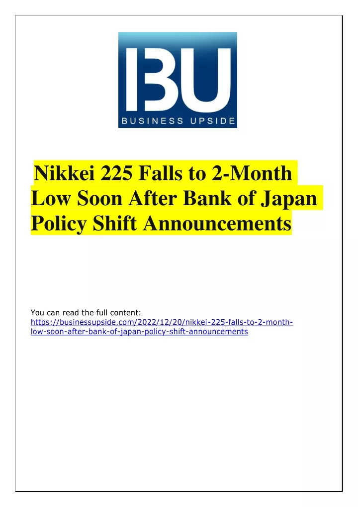 nikkei 225 falls to 2 month low soon after bank
