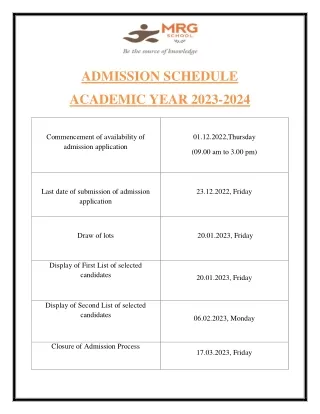 ADMISSION SCHEDULE 2023-24-Best cbse school in Rohini Delhi- MRG school Rohini