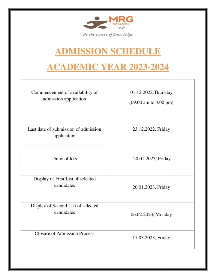 admission schedule