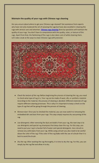 Maintain the quality of your rugs with Chinese rugs cleaning