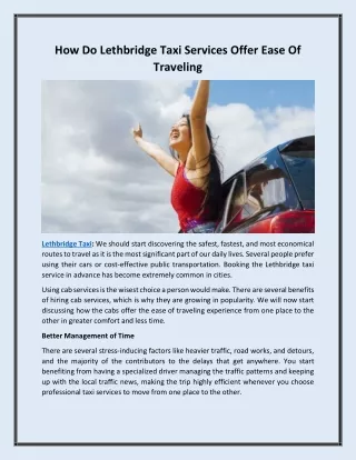 How Do Lethbridge Taxi Services Offer Ease Of Traveling
