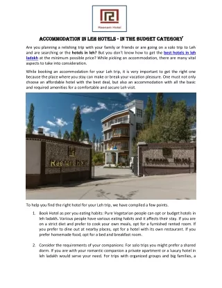 Accommodation in Leh Hotels-In the Budget Category