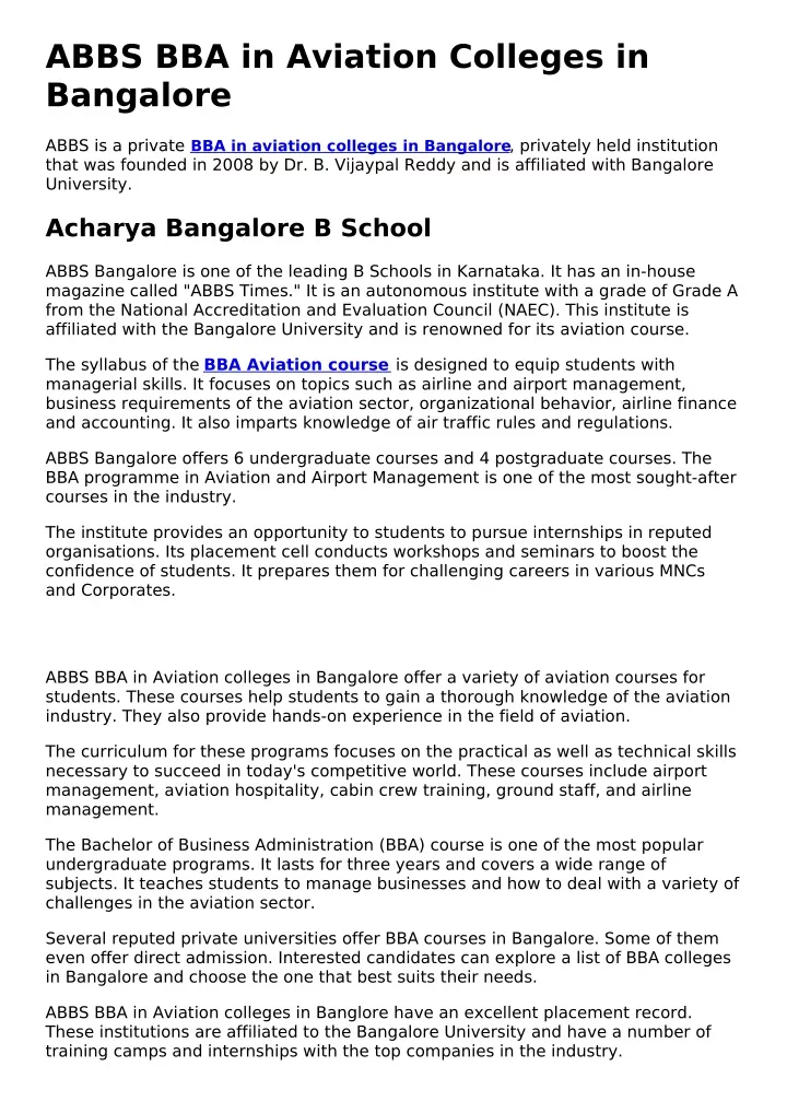 abbs bba in aviation colleges in bangalore