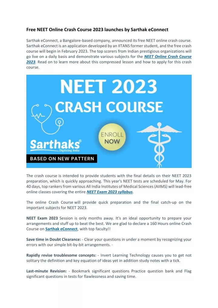 free neet online crash course 2023 launches