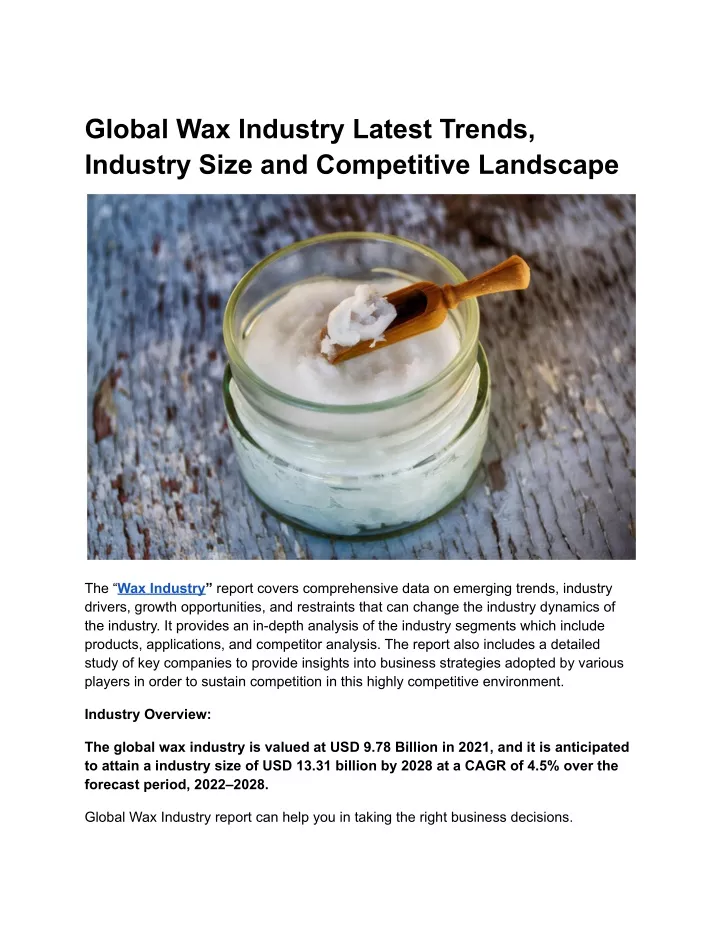 Ppt Global Wax Industry Latest Trends Industry Size And Competitive