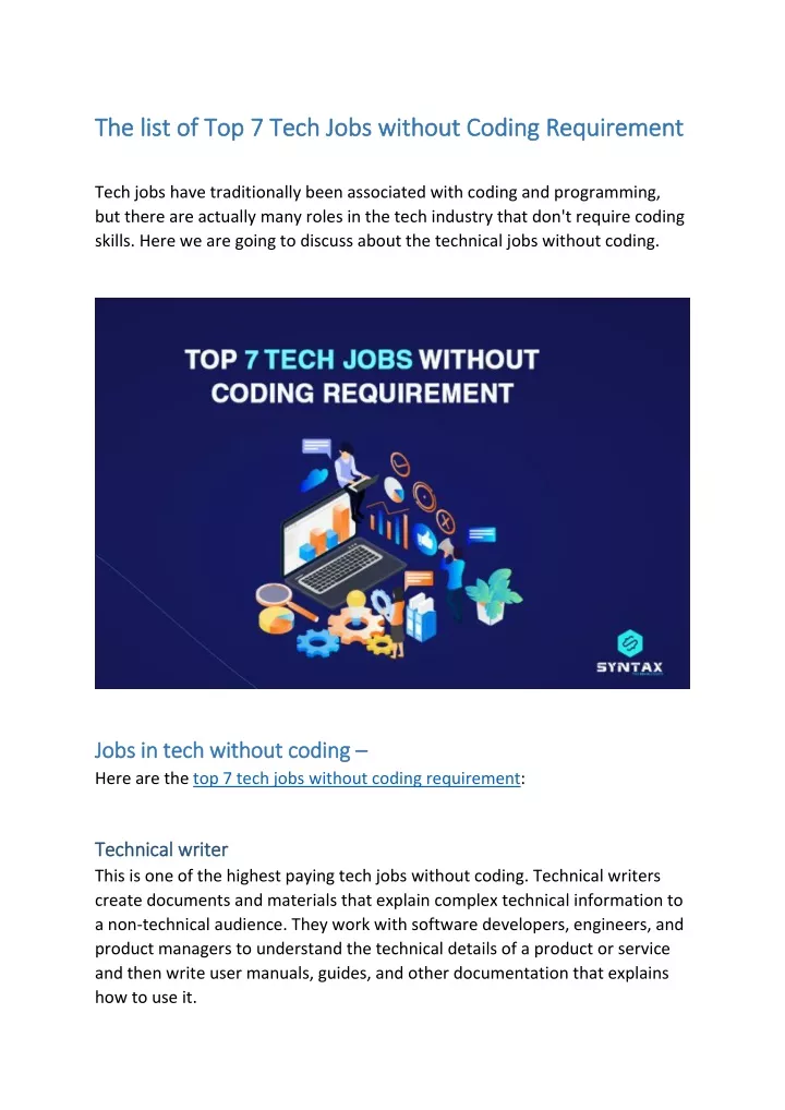 the list of top 7 tech jobs without coding